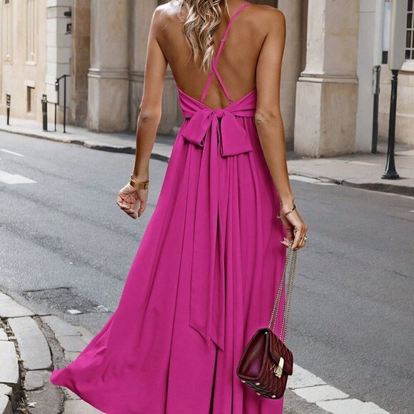 Hot Pink Sexy Women's Summer Criss-Cross Backless Holiday Casual Dress - Picture 6 of 6